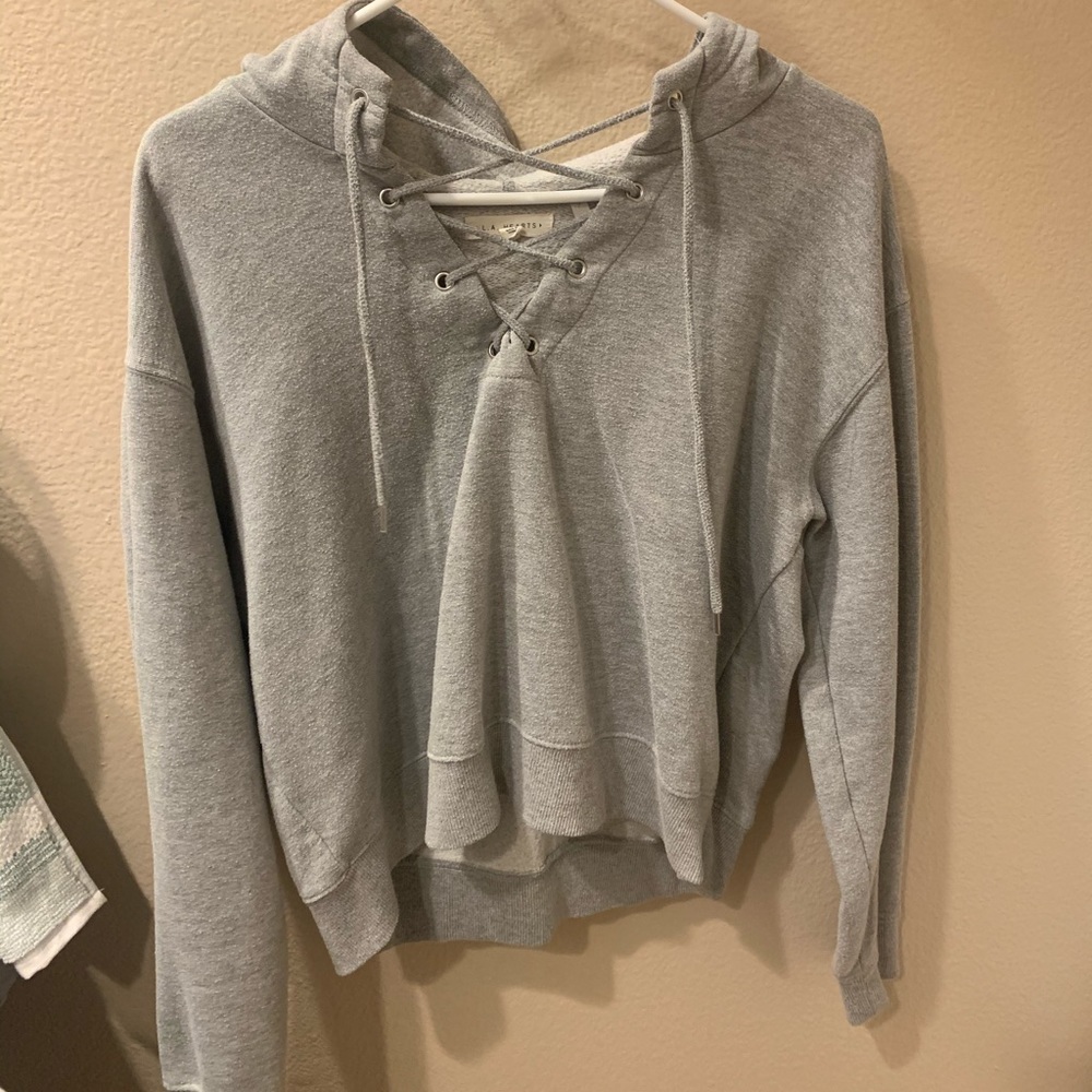 Gray Cropped Lace Up Hoodie